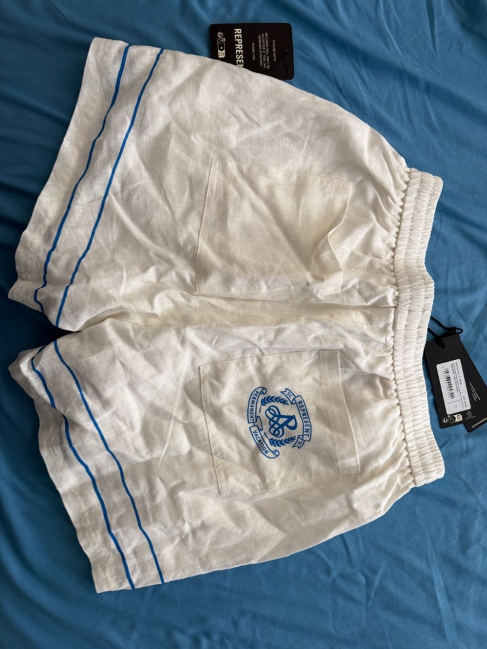 Represent White Men’s Casual Drawstring Shorts with Blue Trim